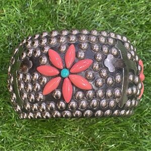 Studded Wooden Bangle Bracelet Floral Coral Turquoise Western Boho Wide Cuff